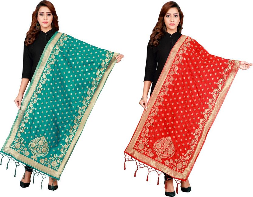 Art Silk, Jacquard Self Design, Woven Dark Green, Red Women Dupatta