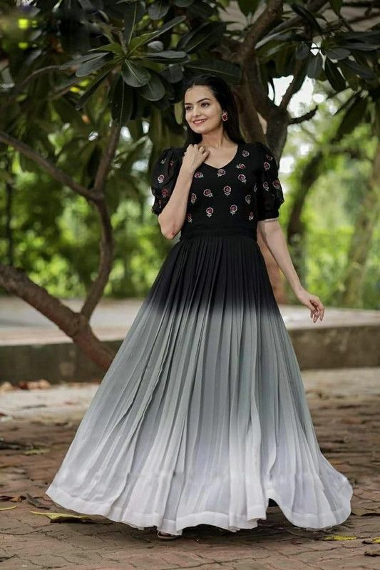 Printed Georgette Stitched Anarkali Gown  (Black)