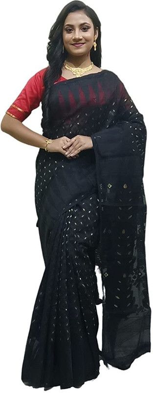 Self Design Jamdani Cotton Silk Saree  (Black)