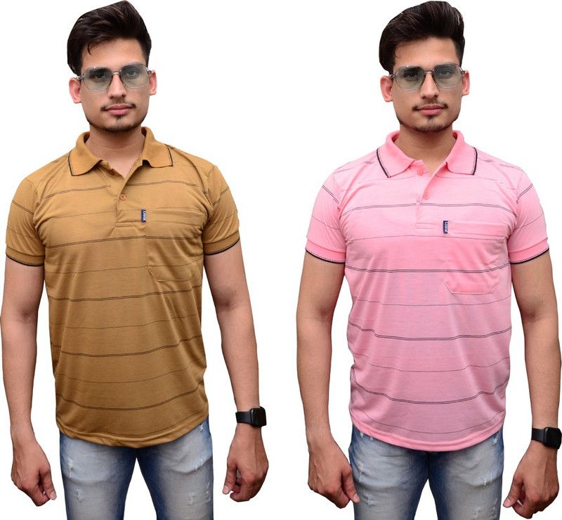 Striped Men Brown, Pink T-Shirt  (Pack of 2)