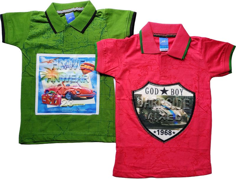 Boys Graphic Print Pure Cotton T Shirt  (Pink, Pack of 2)