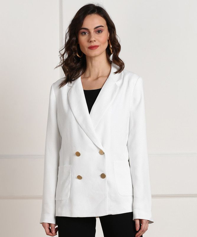 Women Solid Double Breasted Party Blazer  (White)