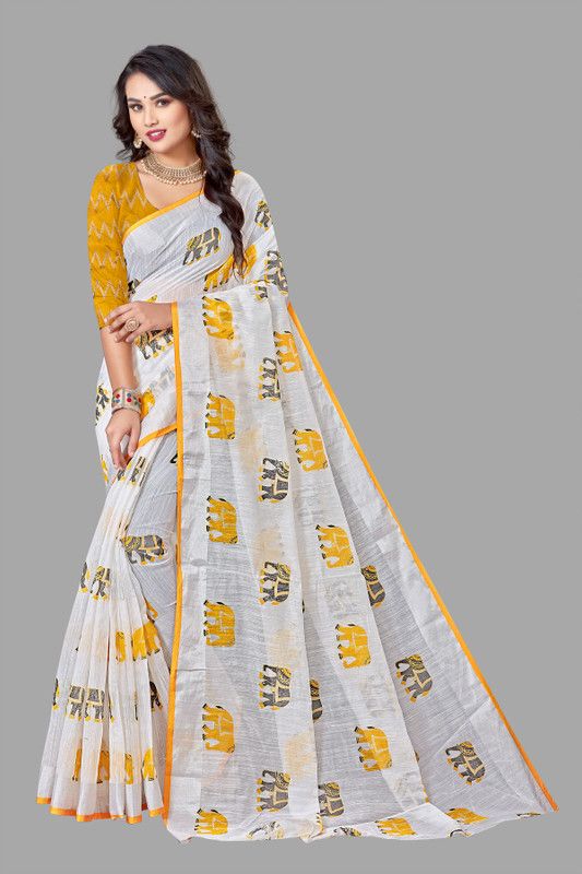 Embellished Chanderi Cotton Linen Saree  (White, Yellow)
