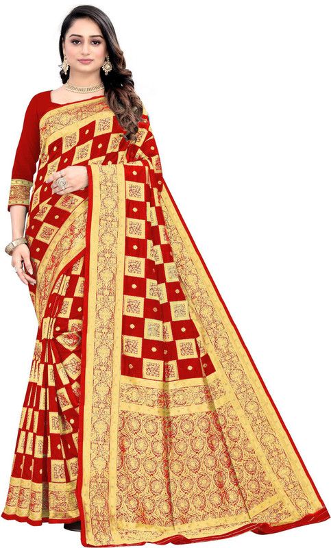 Blocked Printed Banarasi Silk Blend Saree  (Red)
