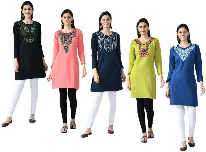 Pack of 5 Women Printed Wool Straight Kurta  (Blue, Pink, Black)