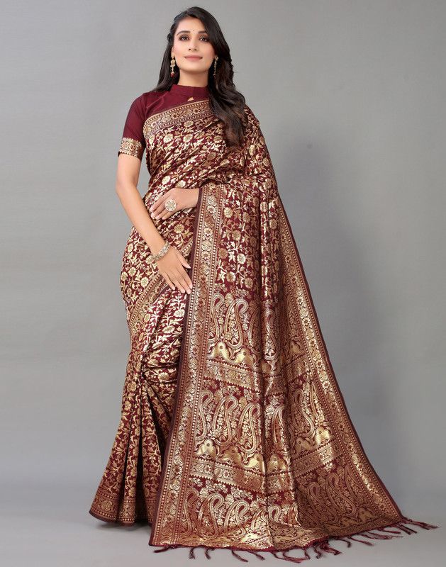 Fashion Cotton Silk, Jacquard Saree  (Maroon, Gold)