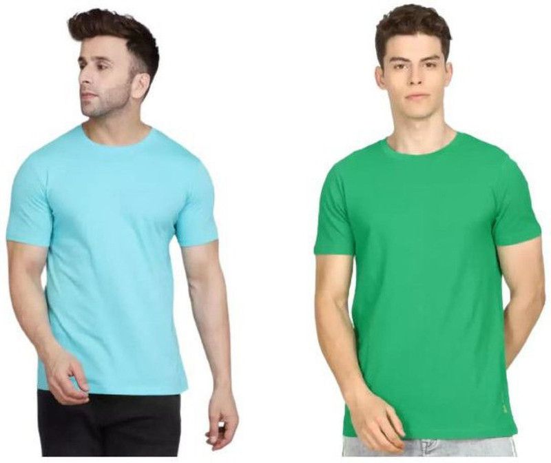 Pack of 2 Men Solid Round Neck Cotton Blend Green, Light Green T-Shirt
