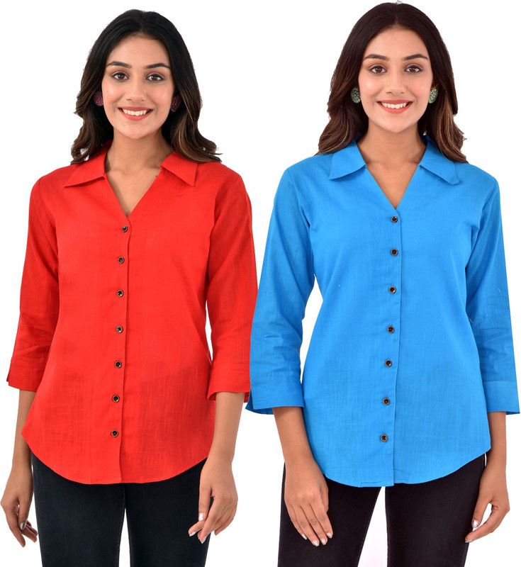 Women Solid Formal Red, Light Blue Shirt  (Pack of 2)