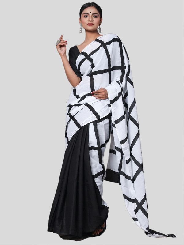 Checkered Daily Wear Cotton Blend Saree  (White)