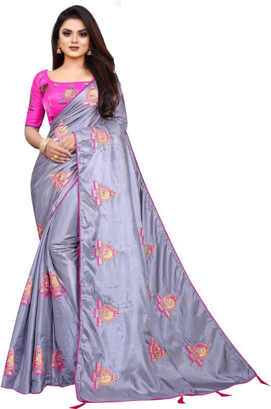 Embroidered Banarasi Georgette, Satin Saree  (Grey)