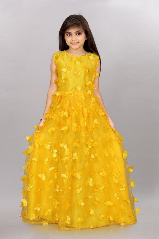 Self Design Net Stitched Flared/A-line Gown  (Yellow)