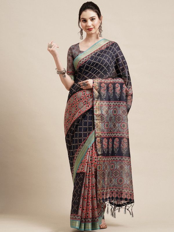 Checkered Bollywood Linen Saree  (Black)