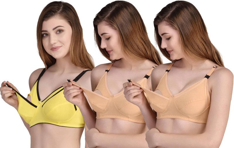 Pack of 3 Women Maternity/Nursing Non Padded Bra  (Yellow, Beige, Beige)