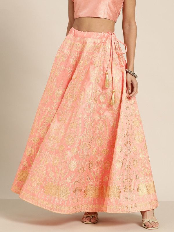 Women Printed Flared Pink, Gold Skirt