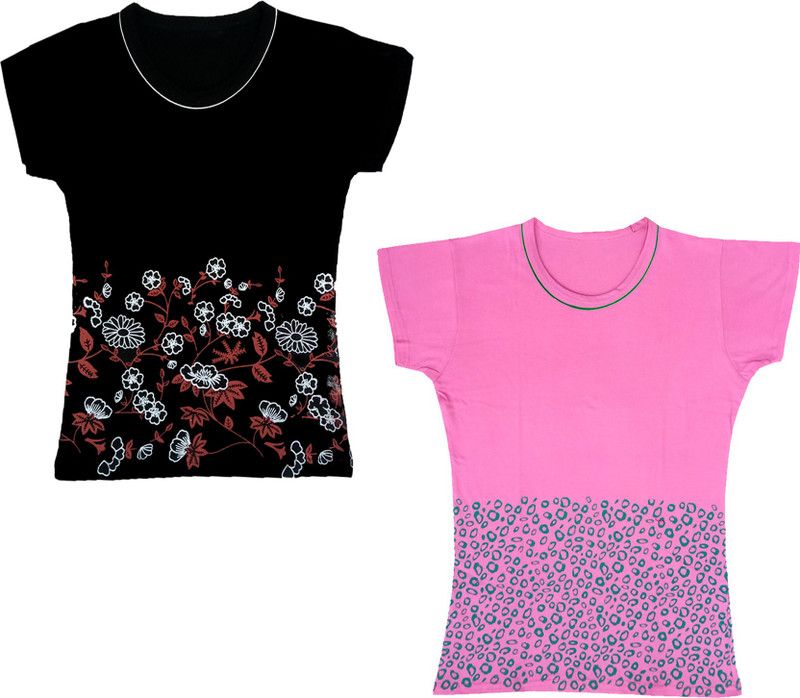 Girls Floral Print Cotton Blend T Shirt  (Pink, Pack of 2)