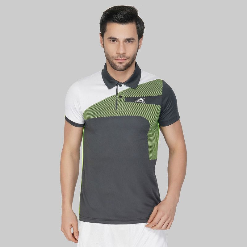 Men Striped Polo Neck Polyester Grey T-Shirt