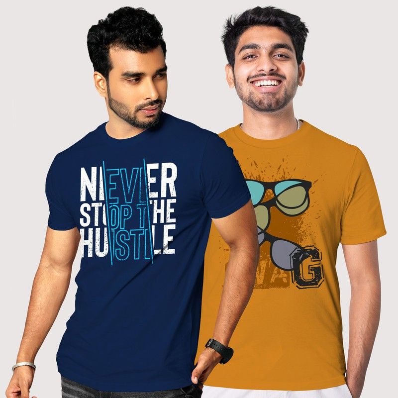 Printed Men Dark Blue, Yellow T-Shirt  (Pack of 2)