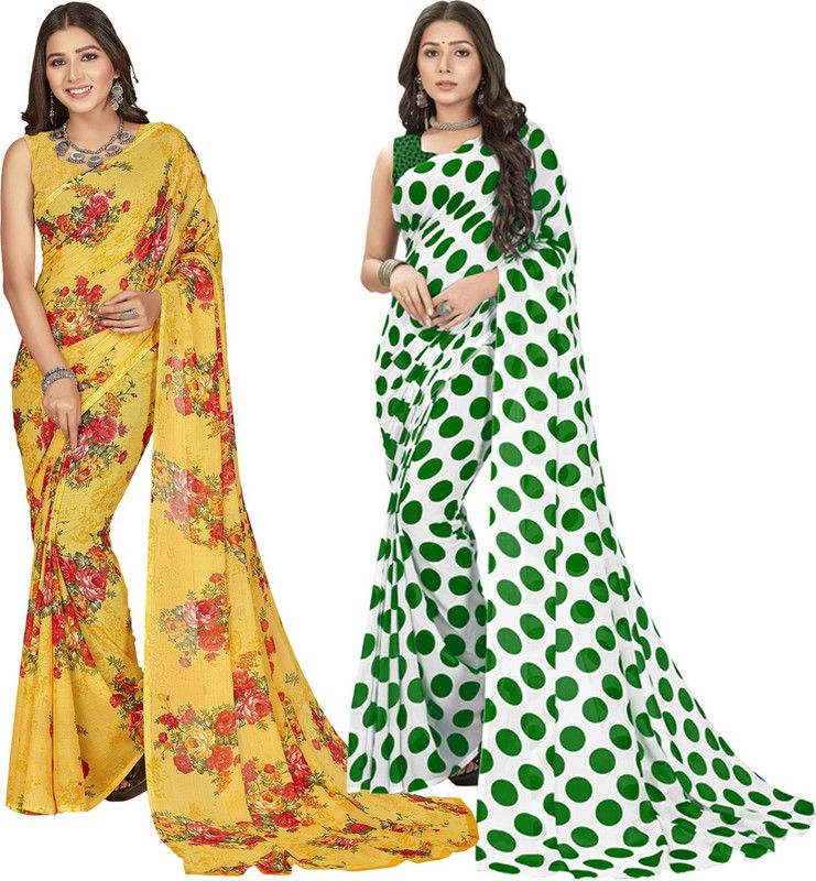 Printed Daily Wear Georgette Saree  (Pack of 2, Green, White, Yellow)