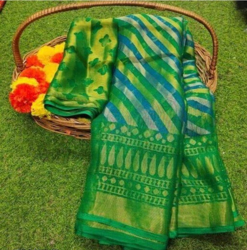 Striped Bollywood Brasso Saree  (Green)