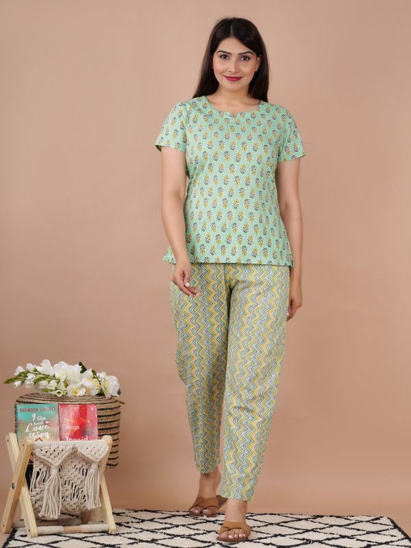 Women Printed Light Green Night Suit Set