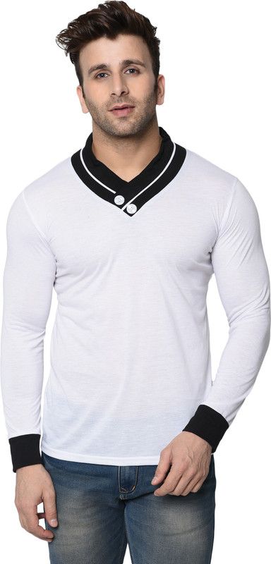 T-shirt Men Colorblock Shawl Neck Cotton Blend White T-Shirt