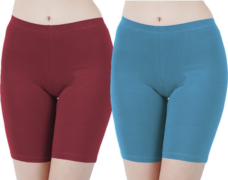 Pack of 2 Solid Women Maroon, Blue Cycling Shorts