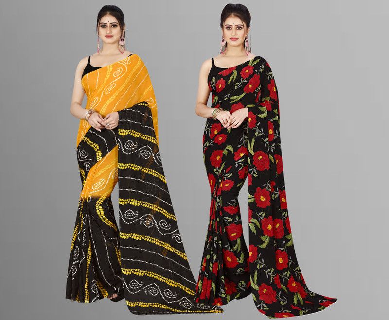 Floral Print, Paisley, Geometric Print Daily Wear Georgette Saree  (Pack of 2, Red, Black, Yellow, Black)
