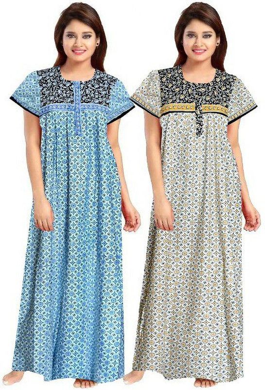 Pack of 2 Women Nighty Set  (Blue, White)