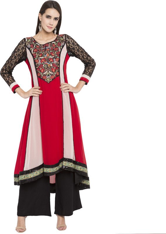 Women Embellished Georgette Anarkali Kurta  (Red)