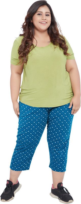 Regular Plus Size Cotton 3/4th Half Pant Casual Knee Length Capri for Ladies Women Blue Capri