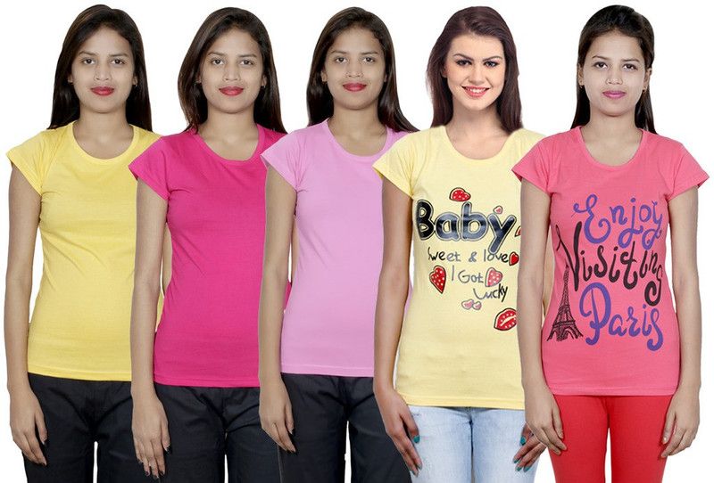 Pack of 5 Women Printed, Solid Round Neck Cotton Blend Multicolor T-Shirt