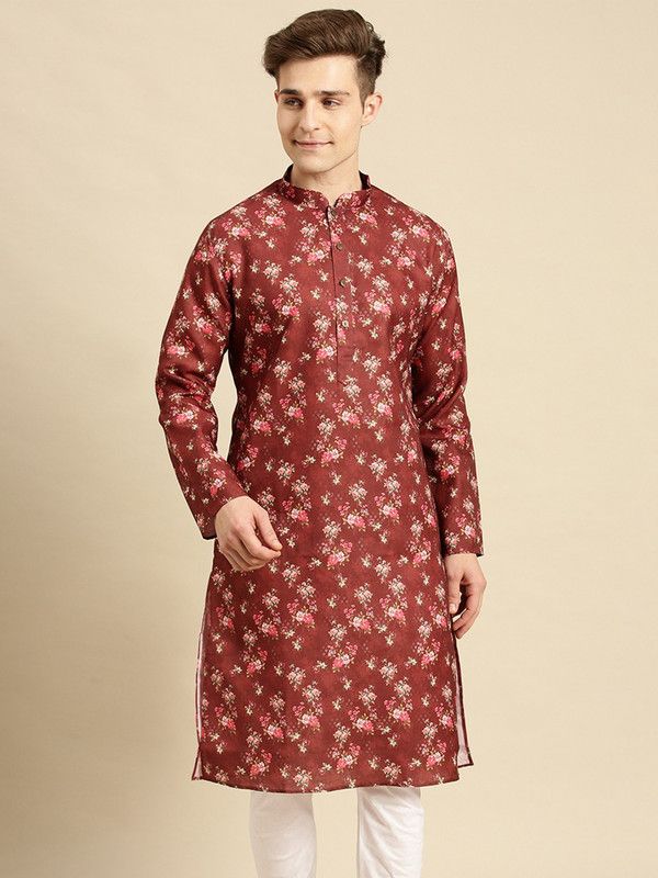Men Printed Cotton Blend Straight Kurta  (Gold)
