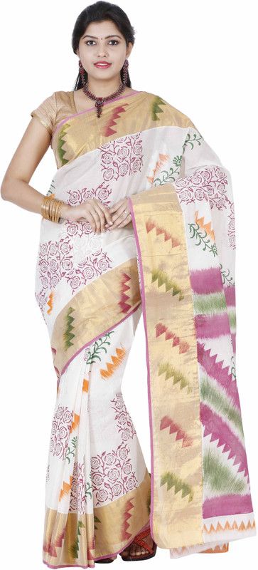 Printed Mundum Neriyathum Cotton Blend Saree  (Multicolor)