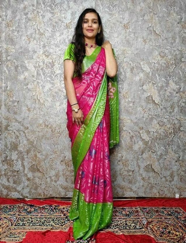 Woven Bollywood Brasso Saree  (Green, Pink)