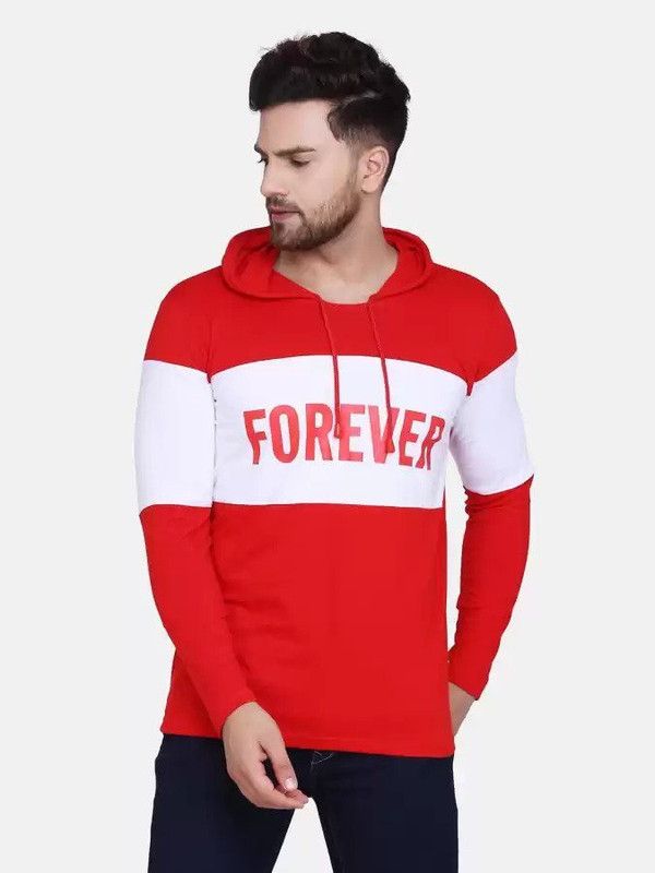 Men Striped Hooded Neck Cotton Blend Red, White T-Shirt