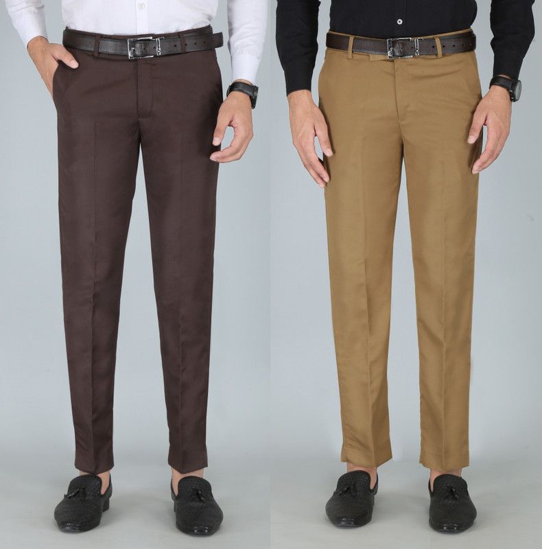 Pack of 2 Men Slim Fit Brown, Gold Cotton Blend Trousers