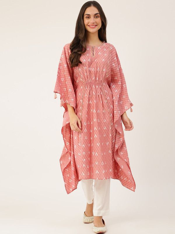 Women Printed Chanderi Kaftan Kurta  (Pink)