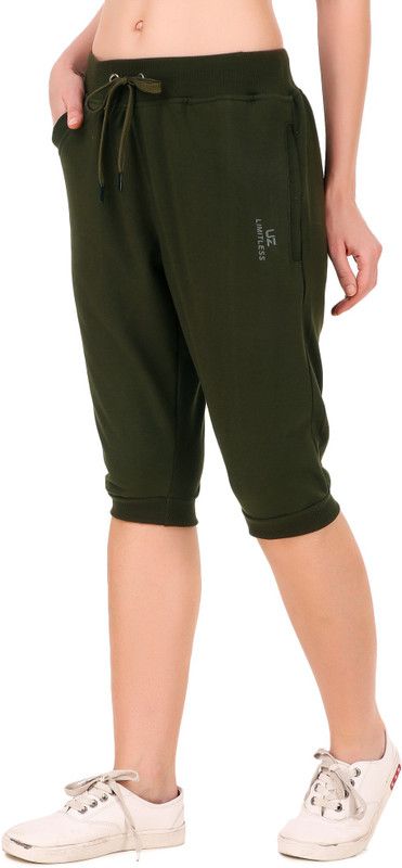 Women's Cotton Three Fourth Capri Shorts With Two Zippered Pockets Women Dark Green Capri