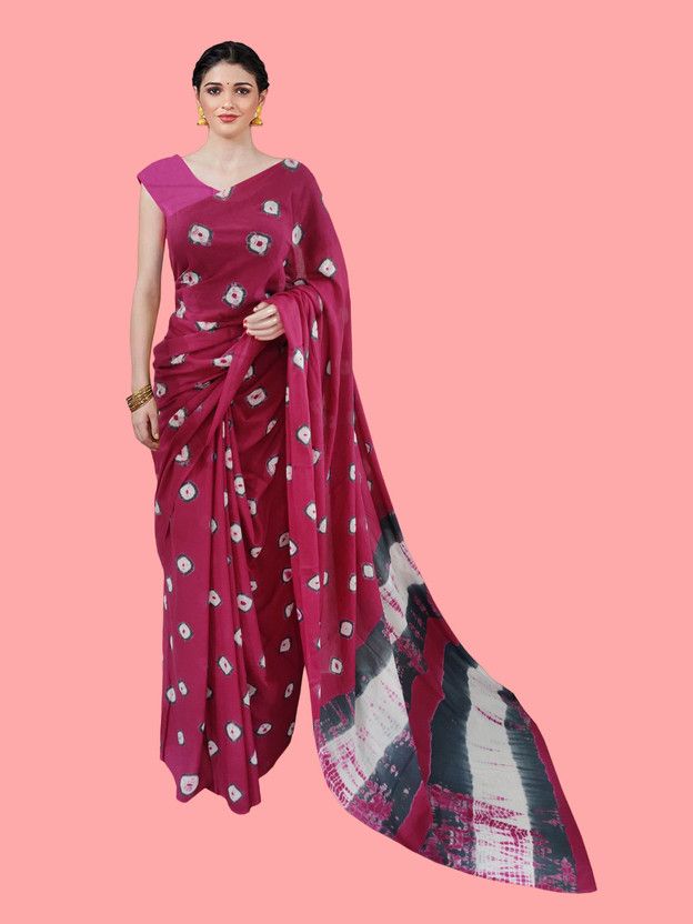 Printed Ikkat Pure Cotton Saree  (Pink)
