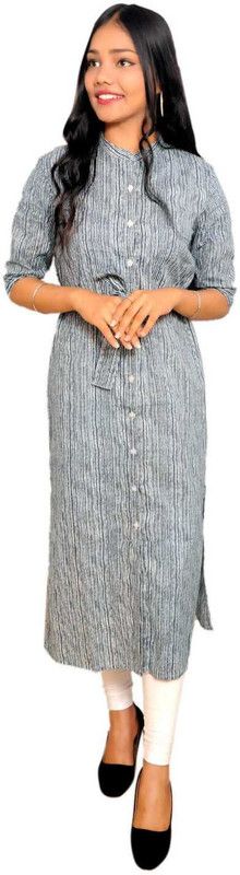 Girls Striped Cotton Blend Straight Kurta  (Light Blue)