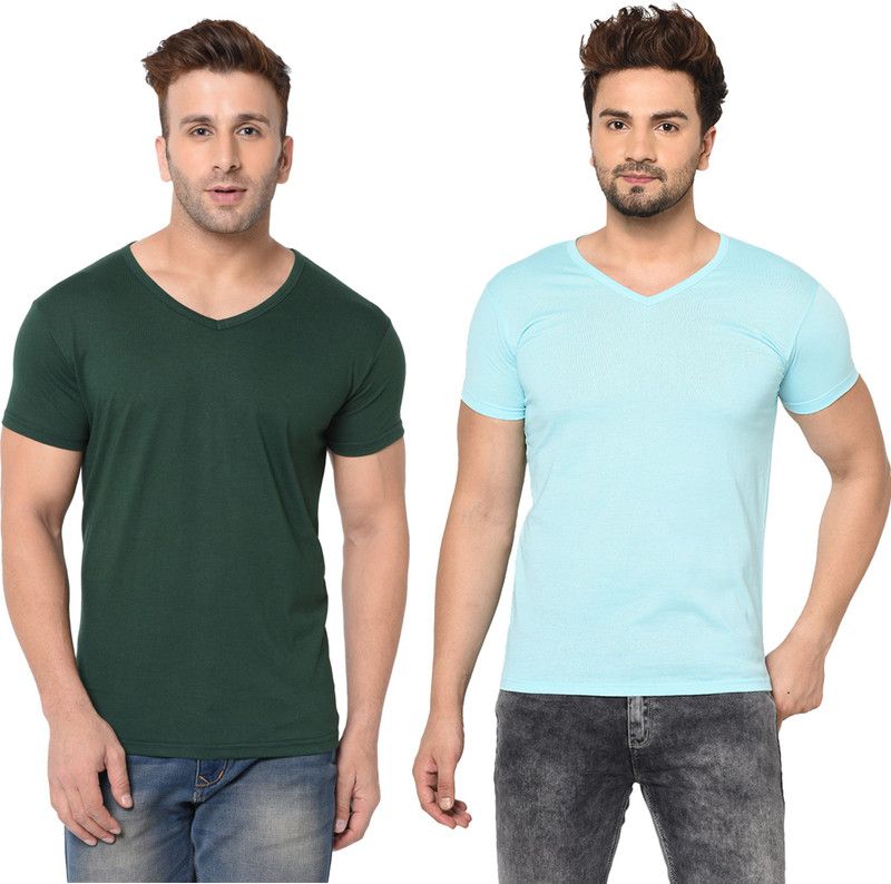 Pack of 2 Men Solid V Neck Cotton Blend Multicolor T-Shirt