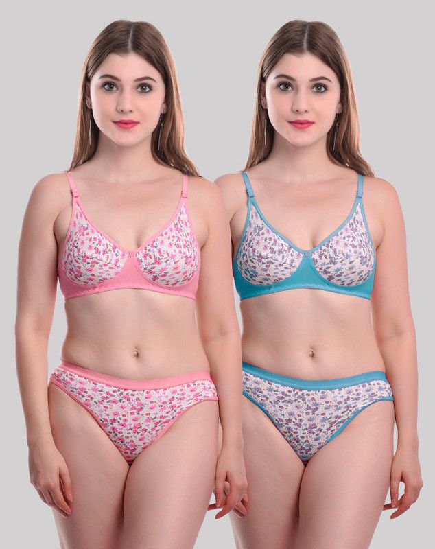 Bra & Panty Set Floral Print Pink, Blue Lingerie Set