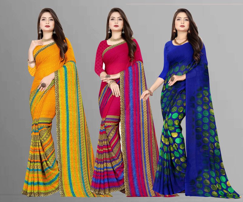 Printed Daily Wear Georgette Saree  (Pack of 3, Blue, Pink, Yellow)