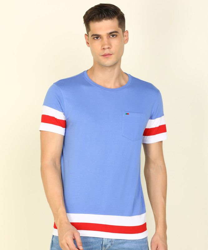 Men Color Block Round Neck Cotton Blend Blue T-Shirt
