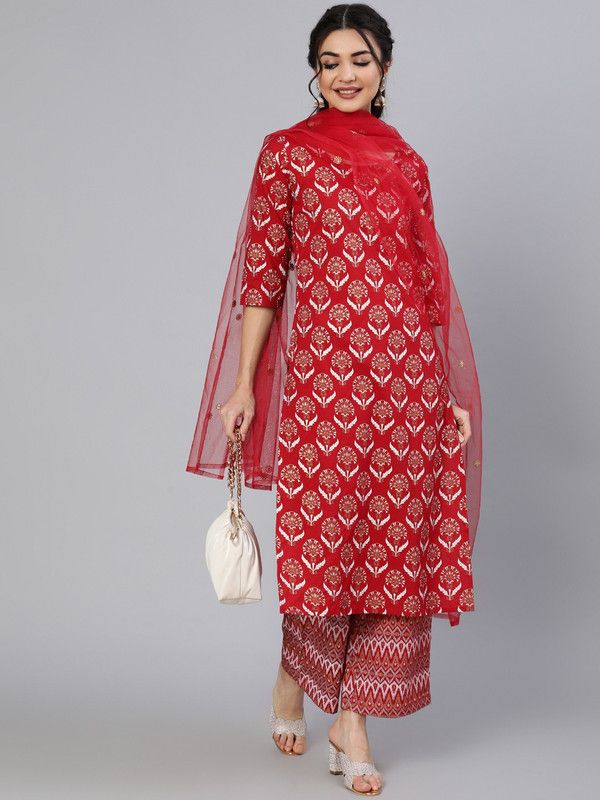Floral Print Kurta, Palazzo & Dupatta Set