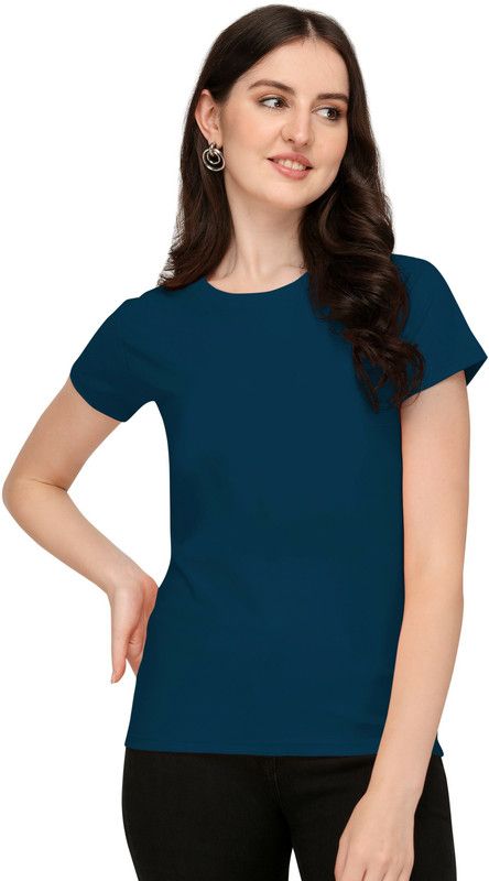 Women Solid Round Neck Polyester Dark Blue T-Shirt