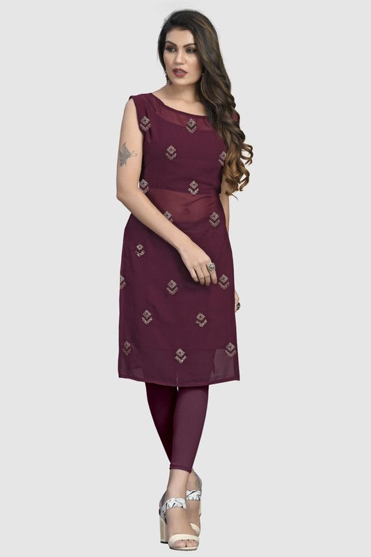 Women Embellished Georgette Straight Kurta  (Maroon)