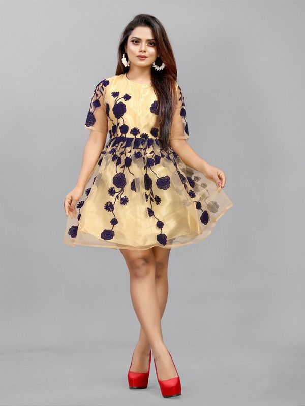 Women Fit and Flare Dark Blue, Beige Dress