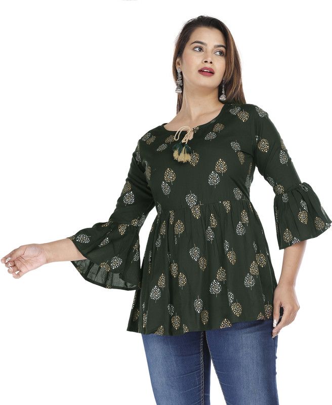 Casual Bell Sleeves Floral Print Women Dark Green Top