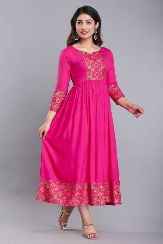 Women Printed, Dyed/Ombre, Solid Liva Anarkali Kurta  (Pink)